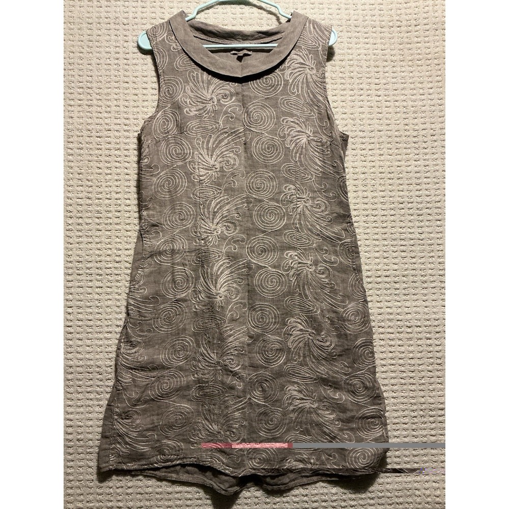 Lina‎ Tomei Linen Dress Size L Gray Embroidered Boho Casual Lightweight Pockets